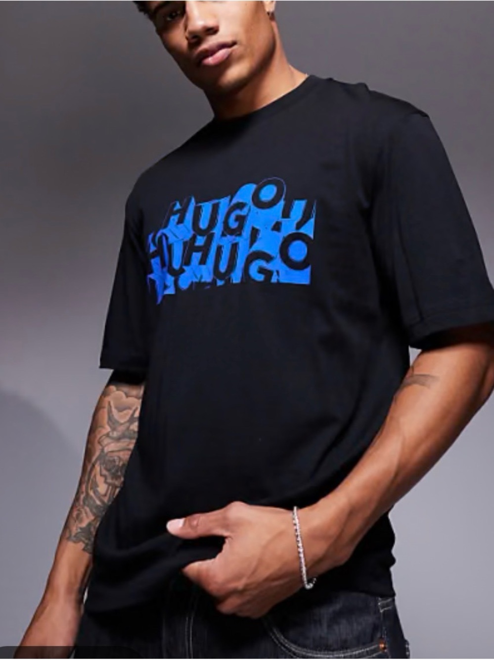 HUGO Black nafralo Short-Sleeve Tee with Blue Graphic Logo